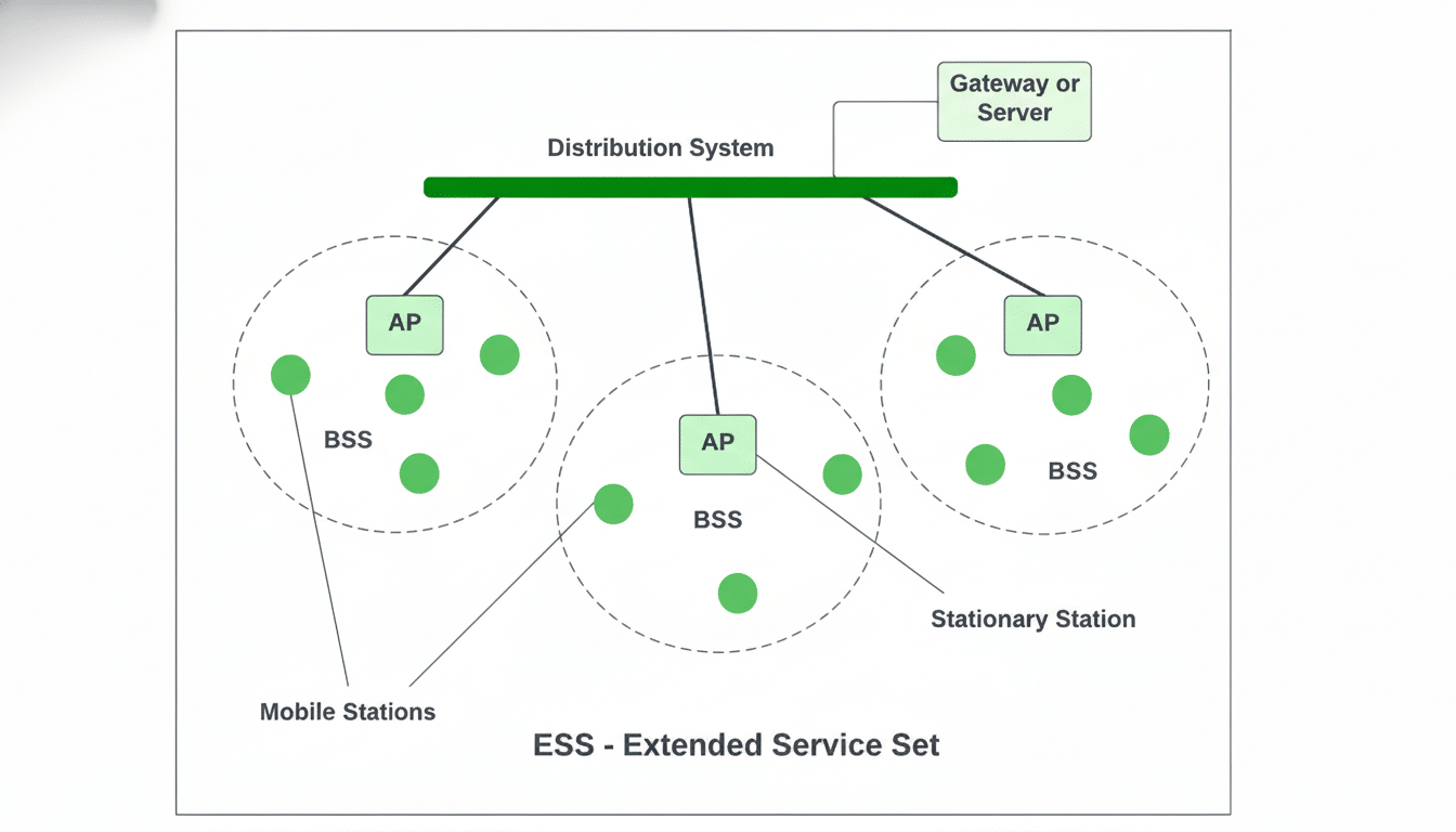 Diagram illustrating an Extended Service Set (ESS ) with a distribution system connected to multiple Basic Service Sets (BSS), each containing an Acce
