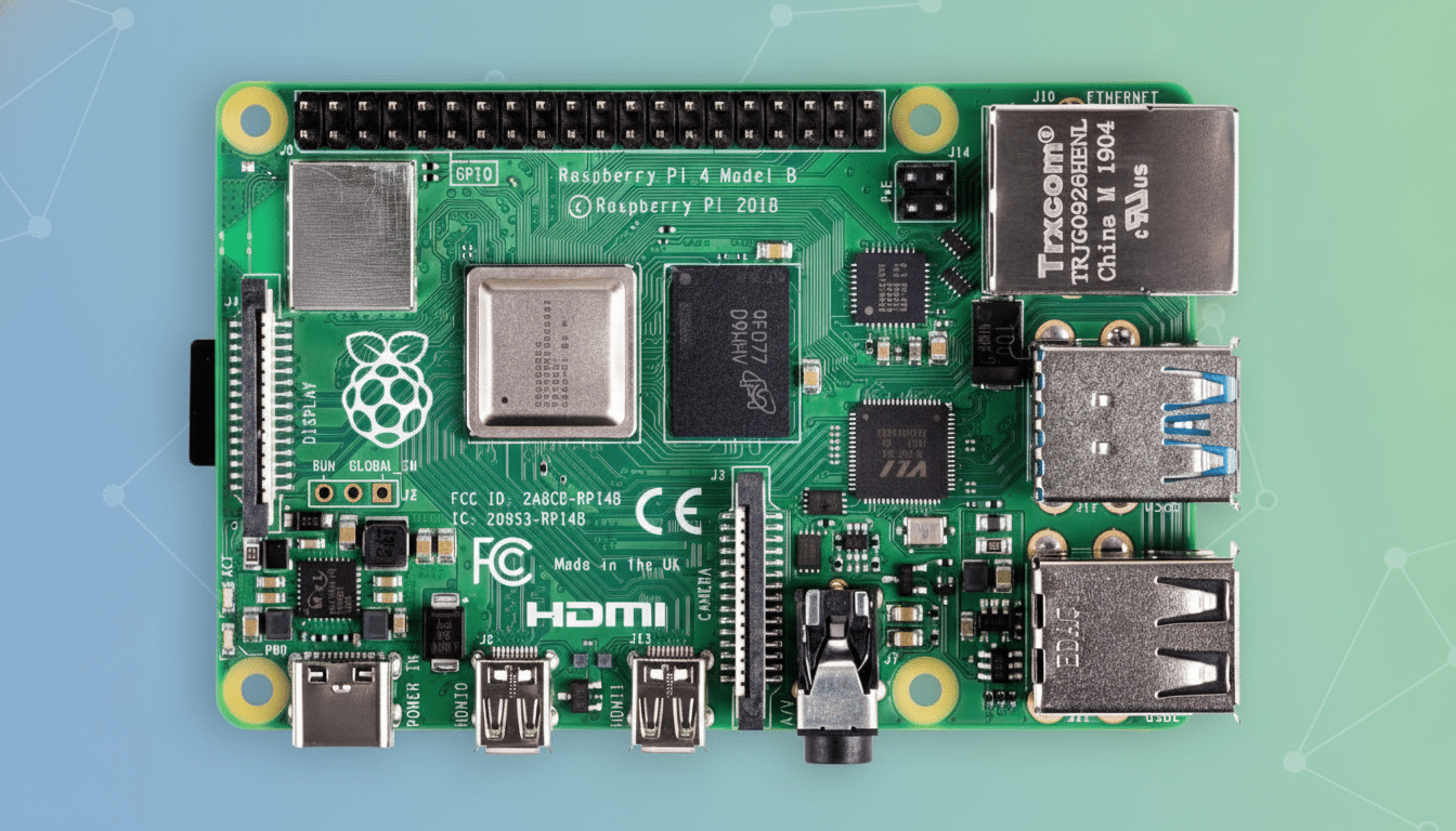 A top -down view of a Raspberry Pi 4 Model B circuit board against a professional flat design background with soft green and blue gradients and subtle