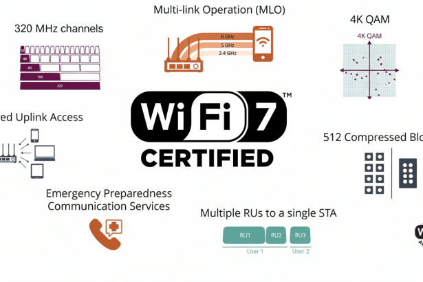 A professional graphic illustrating the key features of Wi- Fi 7 certification , including 320 MHz channels, Multi -link Operation ( MLO), 4K QAM , Triggered Upl ink Access, 512 Compressed Block Ack, Emergency Preparedness Communication Services , and Multiple R Us to a single STA. The central logo reads Wi-Fi 7 CERTIFIED .