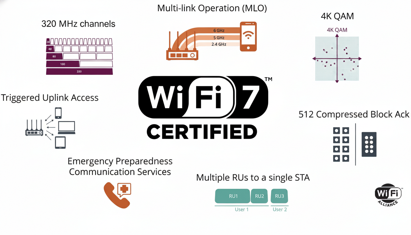 A professional graphic illustrating the key features of Wi- Fi 7 certification , including 320 MHz channels, Multi -link Operation ( MLO), 4K QAM , Triggered Upl ink Access, 512 Compressed Block Ack, Emergency Preparedness Communication Services , and Multiple R Us to a single STA. The central logo reads Wi-Fi 7 CERTIFIED .