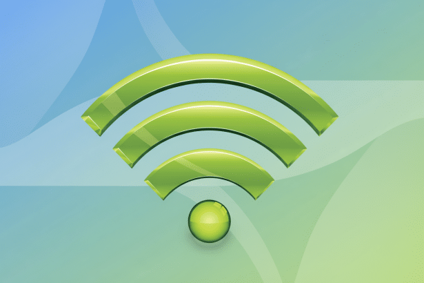 A glossy green Wi -Fi signal icon with three curved bands above a green sphere, set against a professional flat design background with soft blue and g
