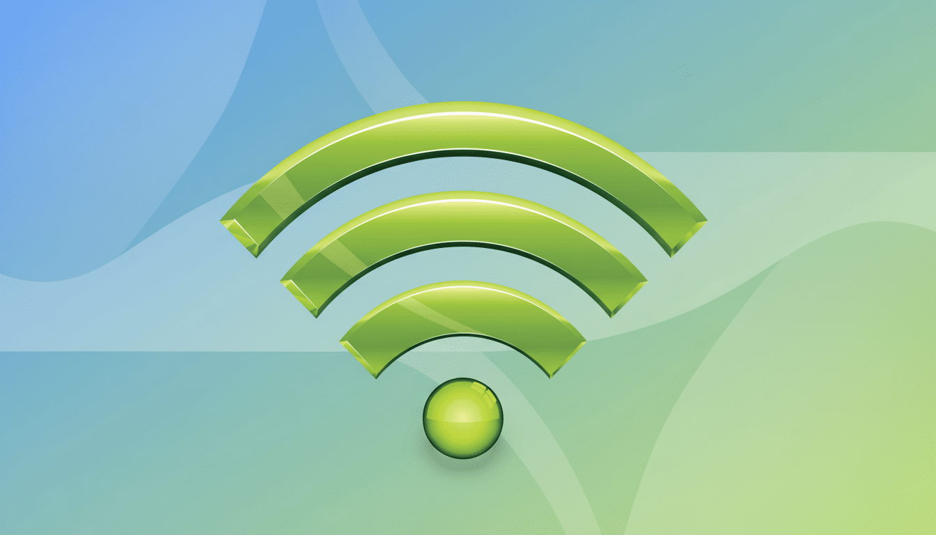 A glossy green Wi -Fi signal icon with three curved bands above a green sphere, set against a professional flat design background with soft blue and g