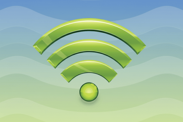 Text: A glossy green Wi -Fi signal icon featuring three curved bars and a small sphere at the base