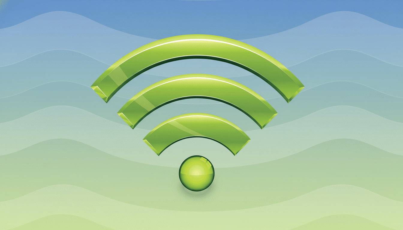 Text: A glossy green Wi -Fi signal icon featuring three curved bars and a small sphere at the base