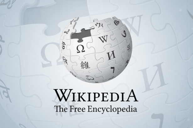 The Wikipedia globe logo with a flat, professional light blue background featuring subtle, blurred puzzle piece patterns .