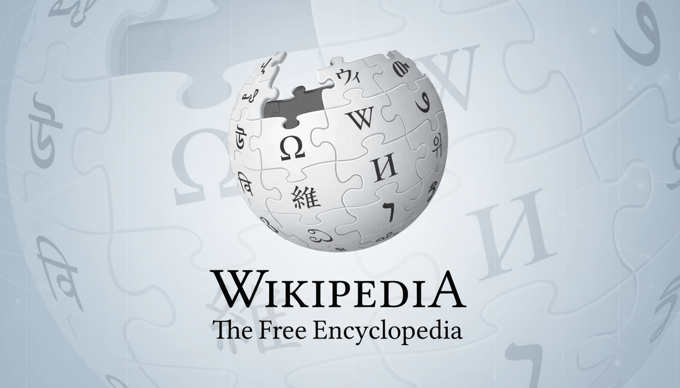 The Wikipedia globe logo with a flat, professional light blue background featuring subtle, blurred puzzle piece patterns .