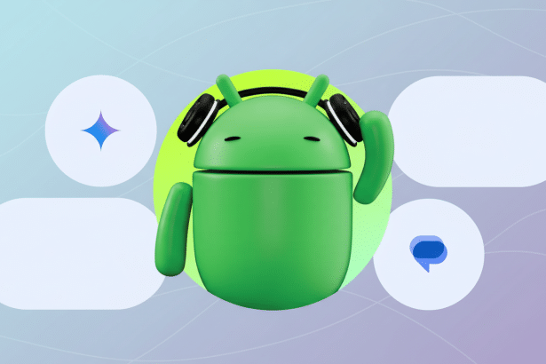 A 3D illustration of the green Android robot wearing headphones , surrounded by white speech bubbles and a blue chat icon , set against a soft, professional gradient background.