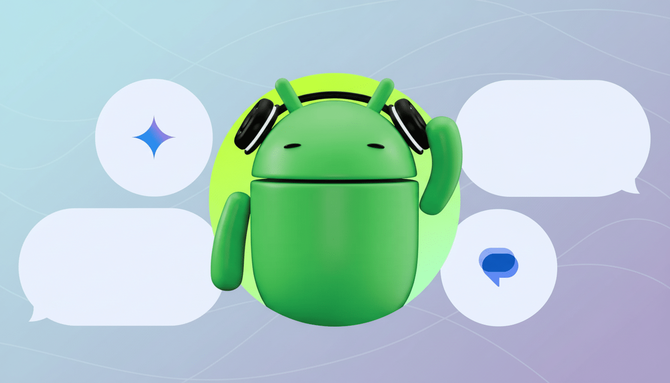 A 3D illustration of the green Android robot wearing headphones , surrounded by white speech bubbles and a blue chat icon , set against a soft, professional gradient background.