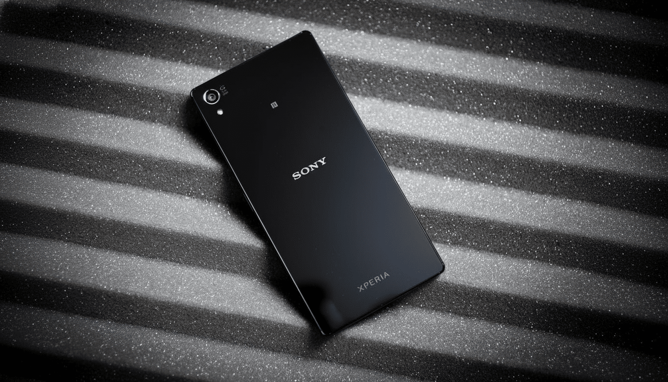 A black Sony Xperia smartphone lying diagonally on a textured grey and black striped surface.
