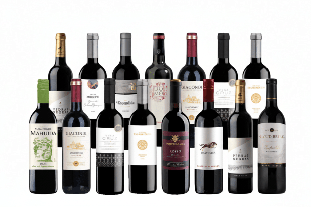 A professional arrangement of 16 assorted wine bottles, with various labels and bottle shapes , presented against a clean white background.