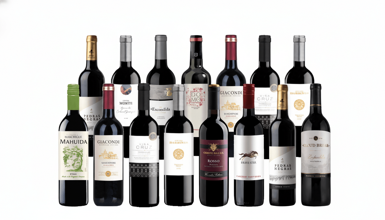 A professional arrangement of 16 assorted wine bottles, with various labels and bottle shapes , presented against a clean white background.