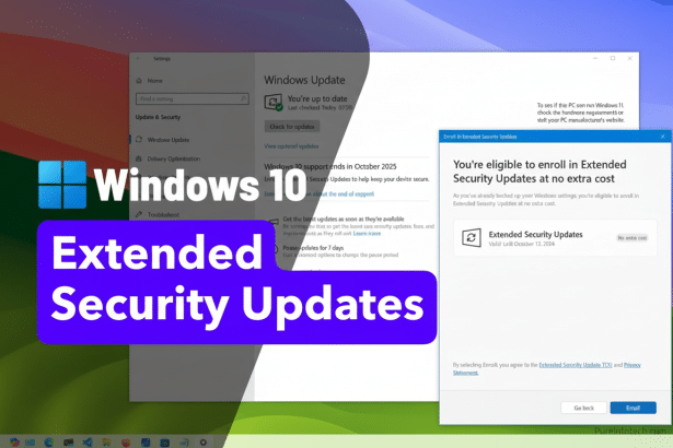 A screenshot showing the Windows 10 update screen with a pop -up window informing the user about eligibility to enroll in Extended Security Updates at