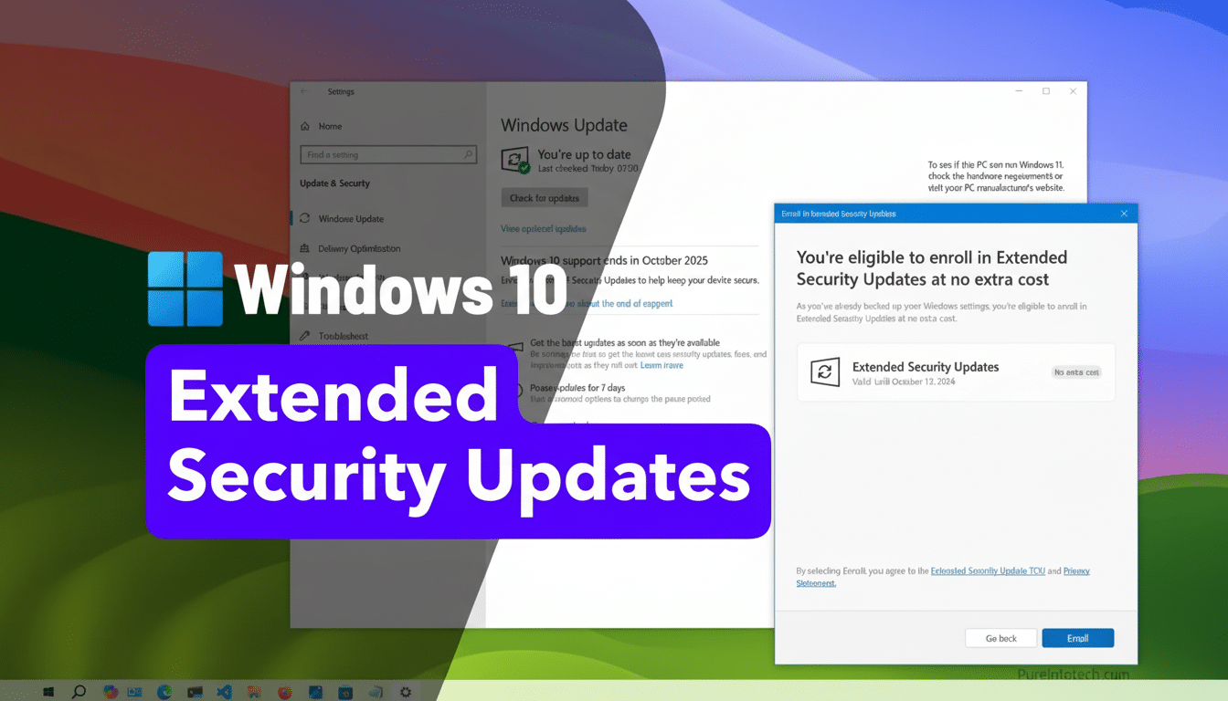 A screenshot showing the Windows 10 update screen with a pop -up window informing the user about eligibility to enroll in Extended Security Updates at
