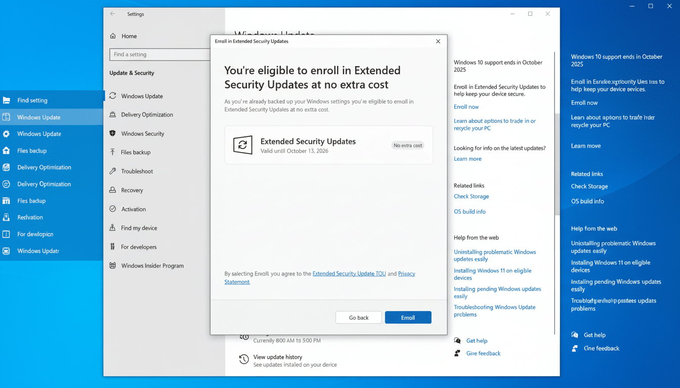 A screenshot showing the Enroll in Extended Security Updates window on Windows, offering an option to enroll for free, with the main settings page vis