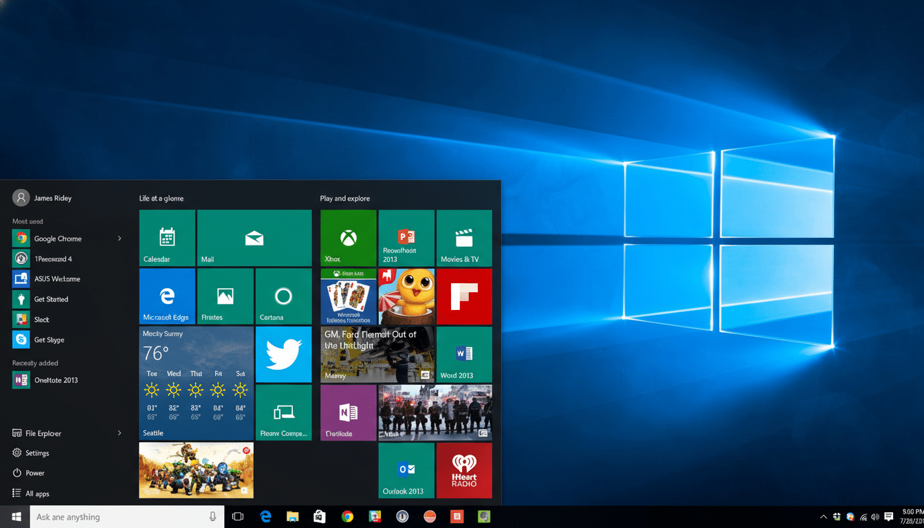 A screenshot of the Windows 10 desktop , showing the Start menu open with various app tiles. The background features the default Windows 10 blue logo wallpaper .