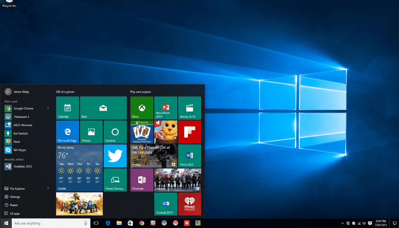 A screenshot of the Windows 10 desktop showing the Start Menu open over a blue background with a stylized window logo . The Start Menu displays various application tiles, weather information for Seattle, and a list of recently used applications .