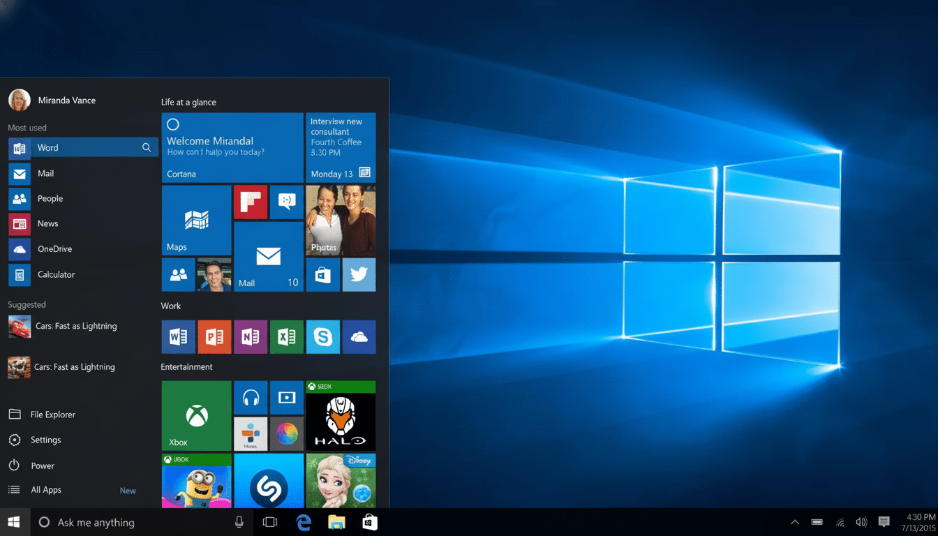 A professional screenshot of the Windows 10 desktop with the Start menu open, displaying various applications and a user profile.