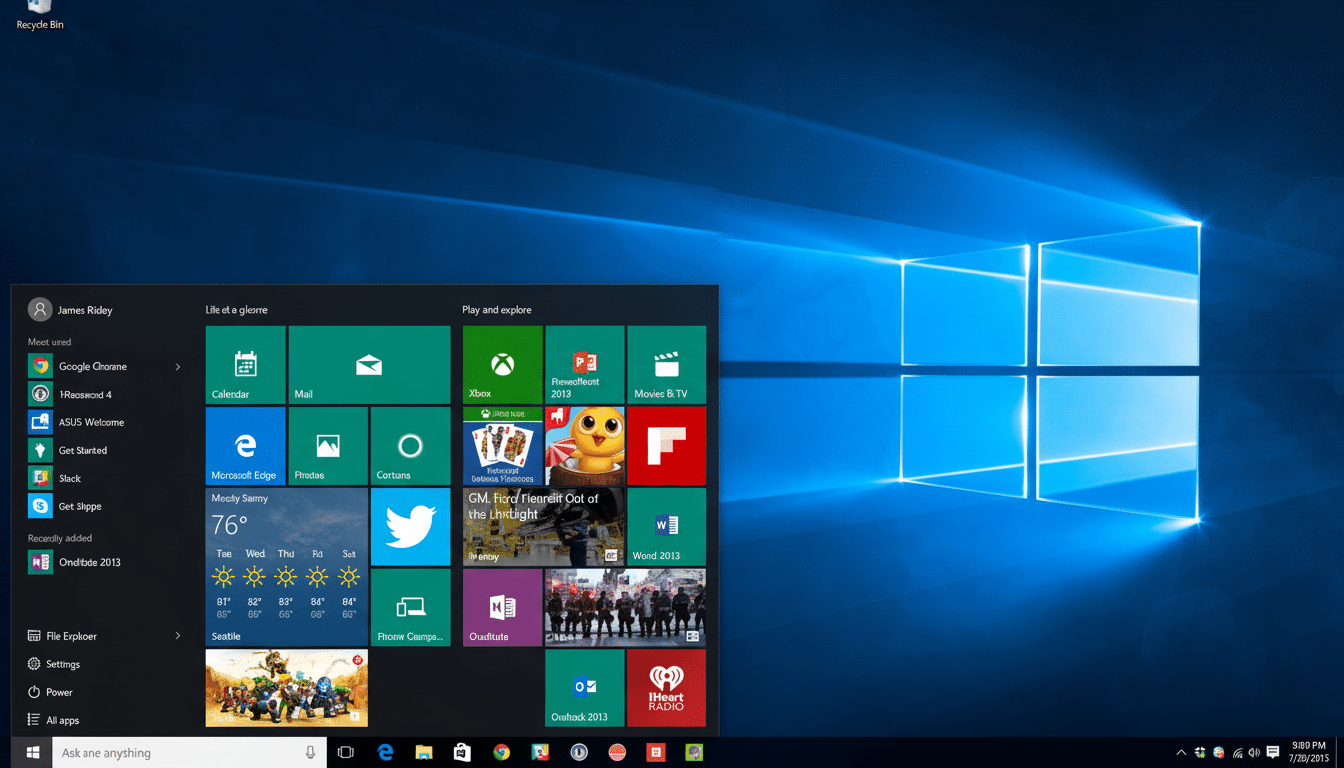 A professional screenshot of a Windows 10 desktop with the Start menu open, displaying various application tiles and the task bar.