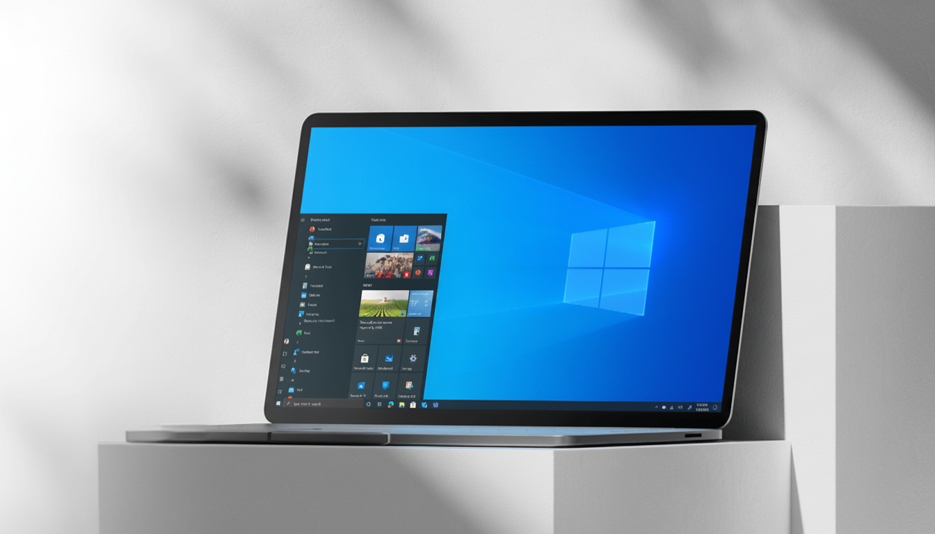 A laptop displaying the Windows 10 desktop with the Start menu open, set against a minimalist white background with shadows.