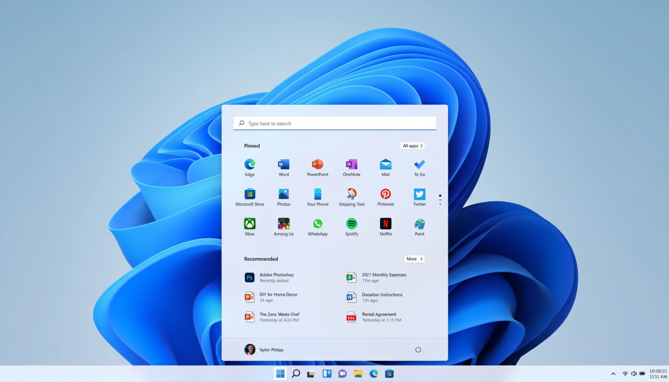 A screenshot of the Windows 11 Start menu, displaying pinned applications and recommended documents, set against the default blue and purple abstract wallpaper.