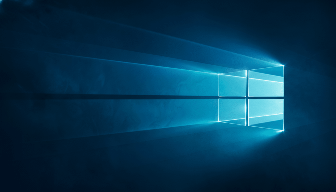 The Windows 10 logo, a bright blue square made of four smaller squares, emitting light rays against a dark blue background .