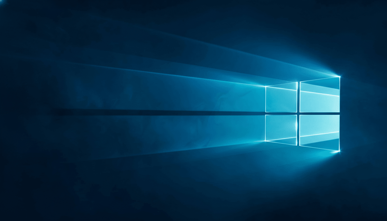 The Windows logo rendered in bright blue light emanating from a dark background, resized to a 16: 9 aspect ratio.