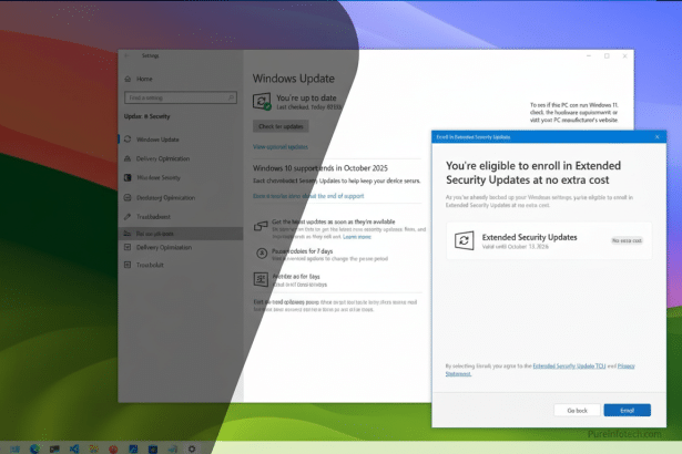 Screenshot showing the Windows Update screen with a pop -up window titled Enroll in Extended Security Updates at no extra cost and text overlays Windo