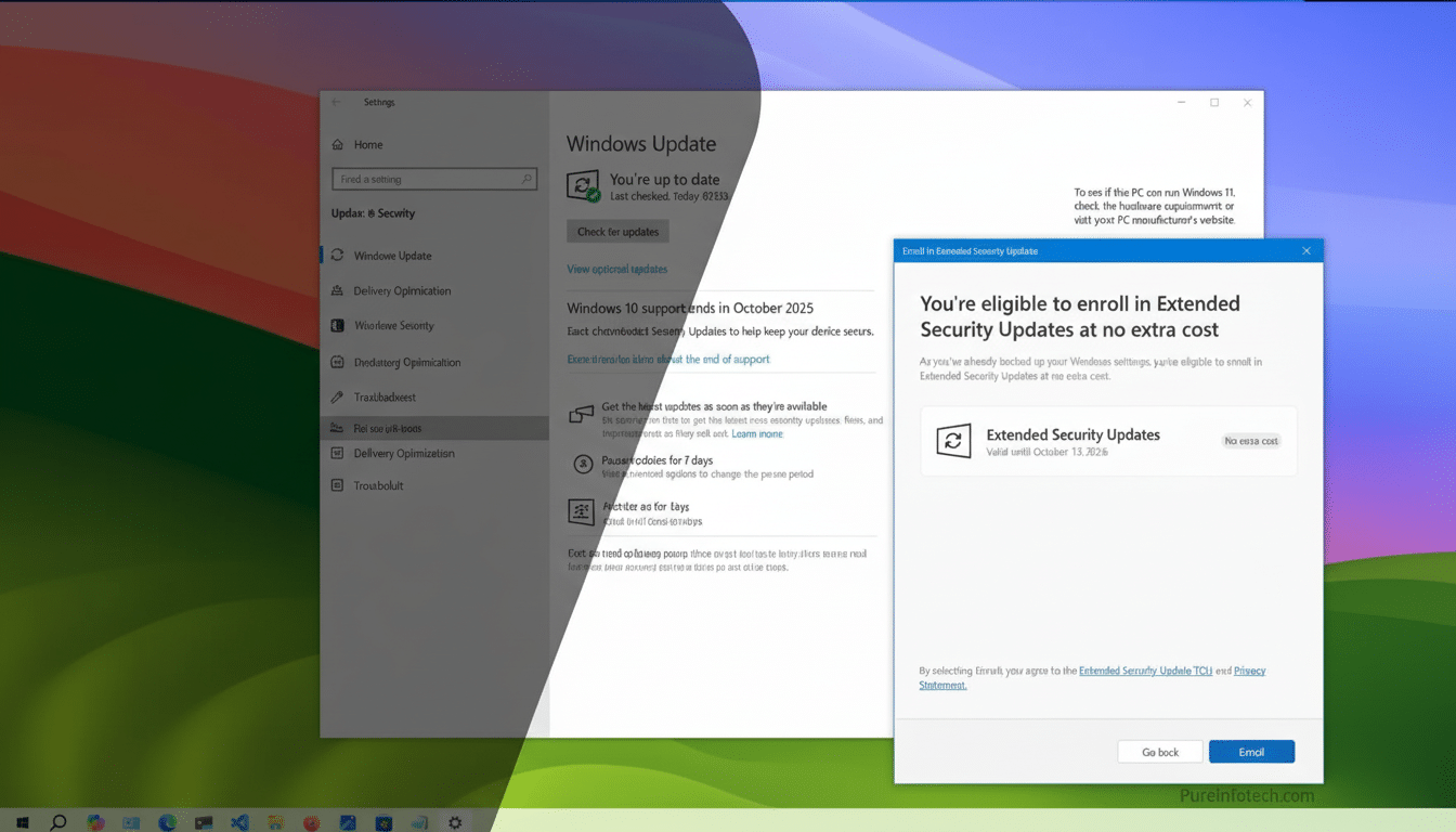 Screenshot showing the Windows Update screen with a pop -up window titled Enroll in Extended Security Updates at no extra cost and text overlays Windo