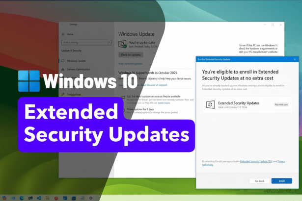 A screenshot showing the Windows Update settings with a prominent Windows 10 Extended Security Updates banner overlay, indicating eligibility for extended security updates at no extra cost until October 13 , 20 26.