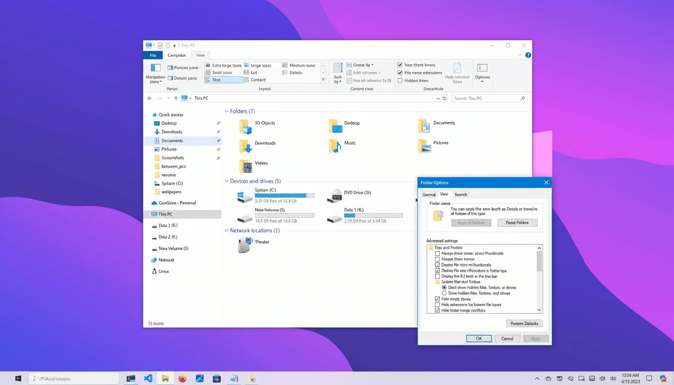 A screenshot of Windows 10 This PC file explorer window open, with a smaller Folder Options dialog box overlaid on the bottom right. The background is