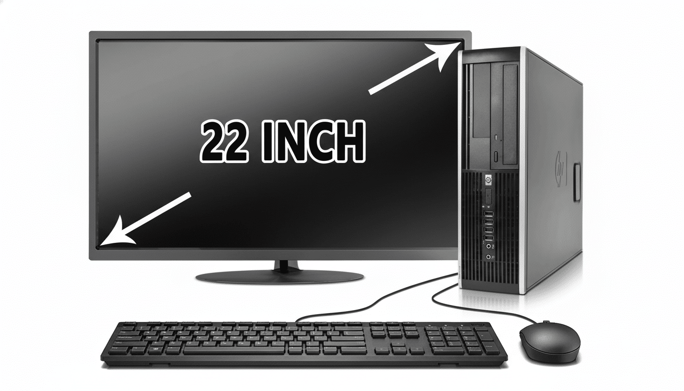 A professional image of a desktop computer setup with a 22- inch monitor, tower , keyboard, and mouse on a white background, resized to a 16: 9 aspect ratio.