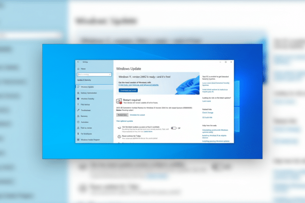 A screenshot of the Windows Update settings page, showing an available update for Windows 11 version 24 H2 and a Restart required notification . The image is professionally enhanced and set to a 1 6:9 aspect ratio. Filename : windowsupdate settings1 69. png