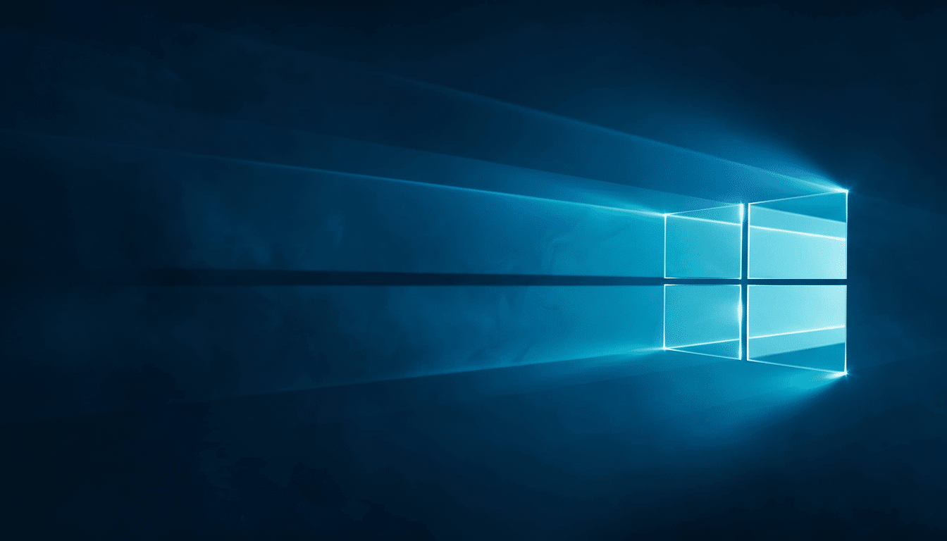 A professional, enhanced image of the Windows logo glowing brightly against a dark blue background with light rays extending to the left, maintaining its original aesthetic and visual impact .