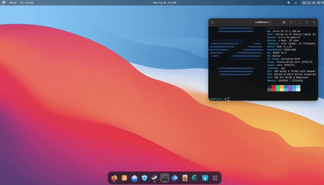 A desktop screenshot showing the ne ofetch command output on a Linux terminal , displaying system information like OS, kernel, uptime , packages, shell , resolution , DE, WM , theme, icons , terminal , CPU , GPU, and memory. The desktop background features a macOS -like abstract wave design in red , orange, and blue. A dock with various application icons is visible at the bottom center .