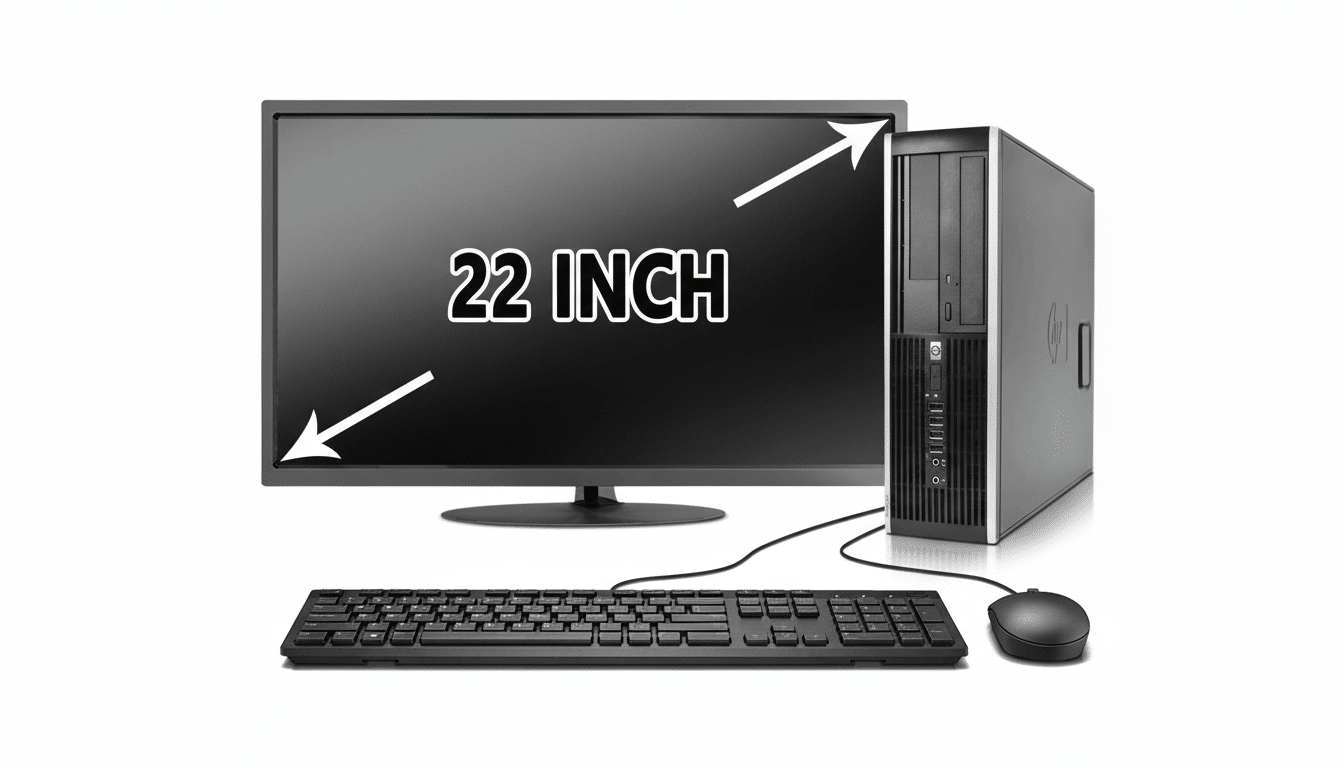 A 22- inch HP desktop computer setup with a monitor, keyboard, and mouse , against a white background. Filename : hpdesktop setup2 2inch. png