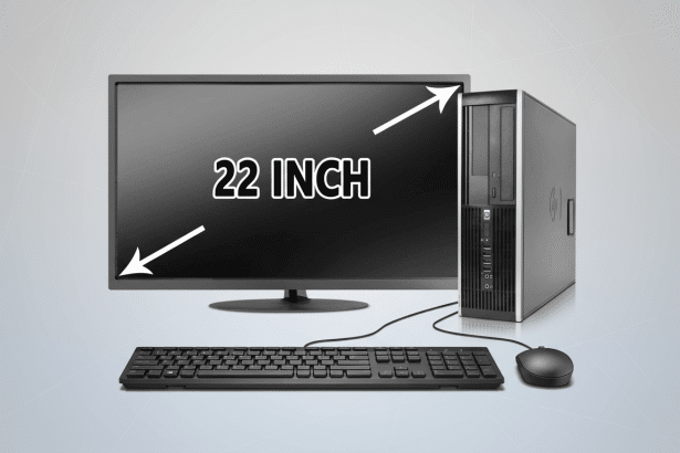 A 22 -inch HP desktop computer setup with a black monitor , tower, keyboard, and mouse on a professional gray background with subtle white geometric patterns. Filename : hp 2 2inch desktopsetup. png