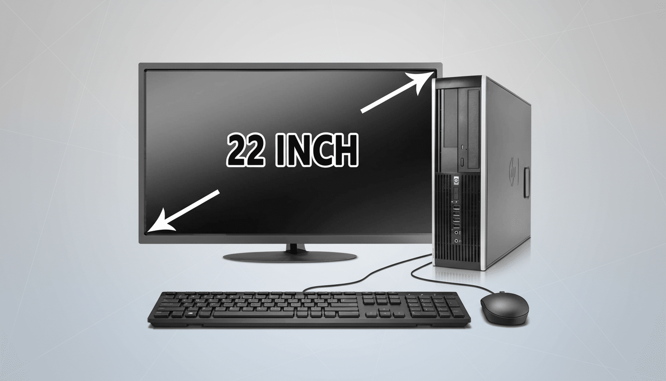 A 22 -inch HP desktop computer setup with a black monitor , tower, keyboard, and mouse on a professional gray background with subtle white geometric patterns. Filename : hp 2 2inch desktopsetup. png