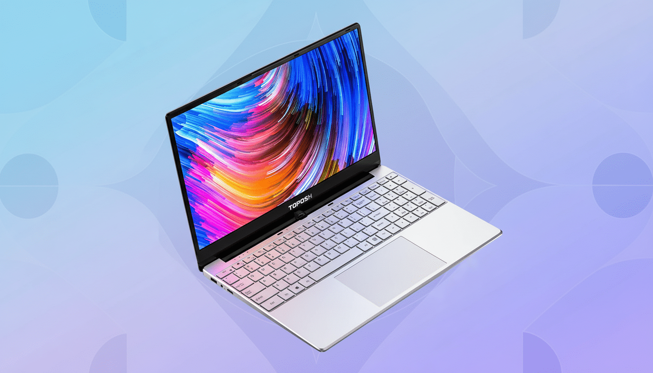 A modern silver laptop with a colorful abstract background on its screen, set against a professional flat design background with soft blue and purple gradients and subtle geometric patterns.
