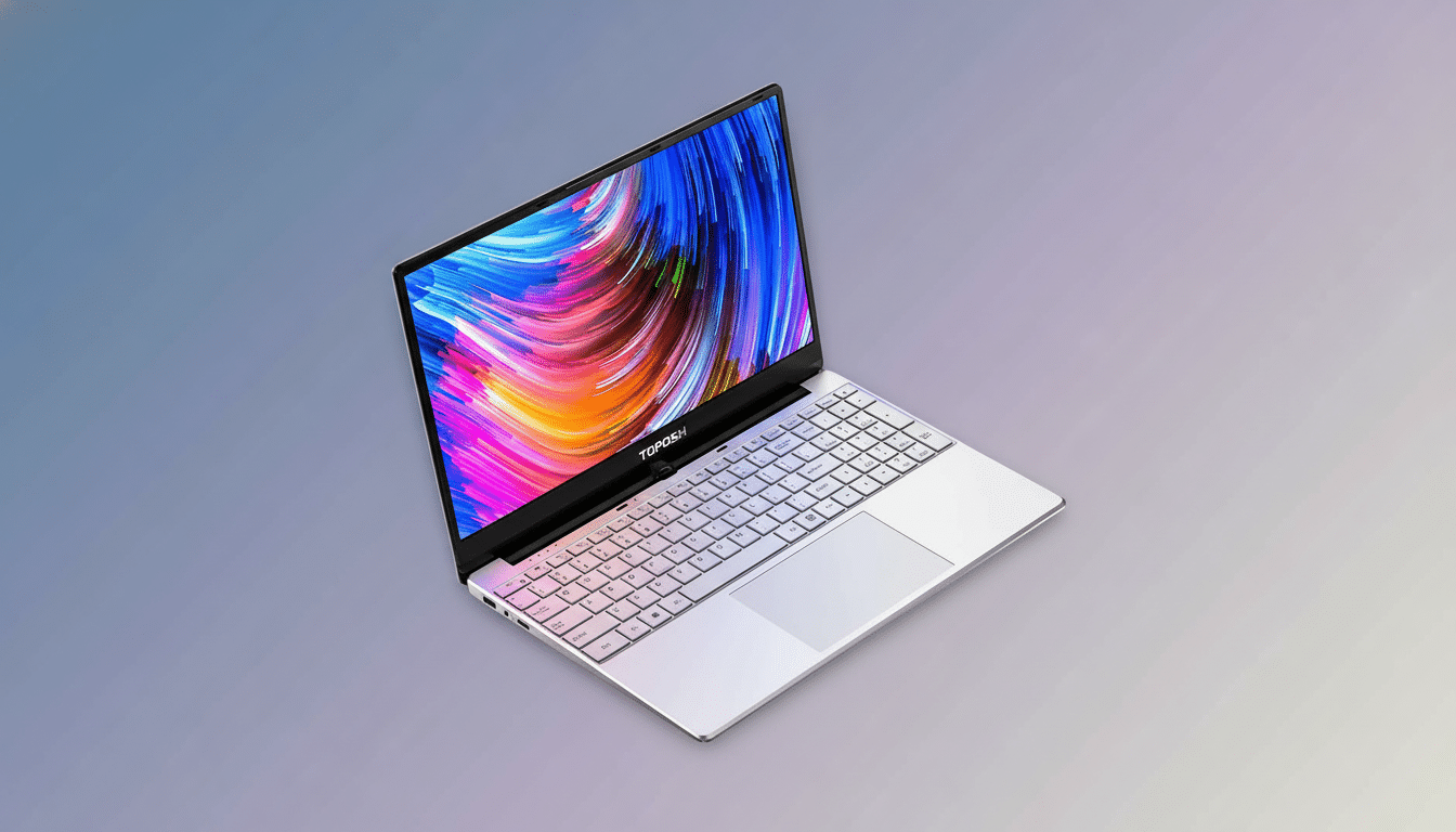 A professional , enhanced image of a silver laptop with a colorful abstract background on its screen, set against a soft, professional gradient background. Filename : silver laptopprofessional 1 6x9. png