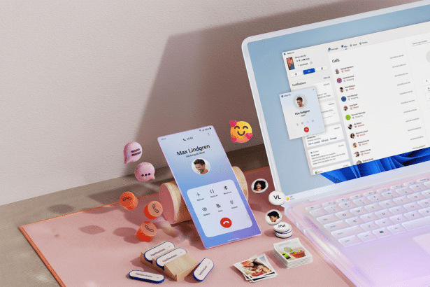 A professional overhead shot of a laptop displaying a communication app, a smartphone showing an incoming call, and various communication -related ico