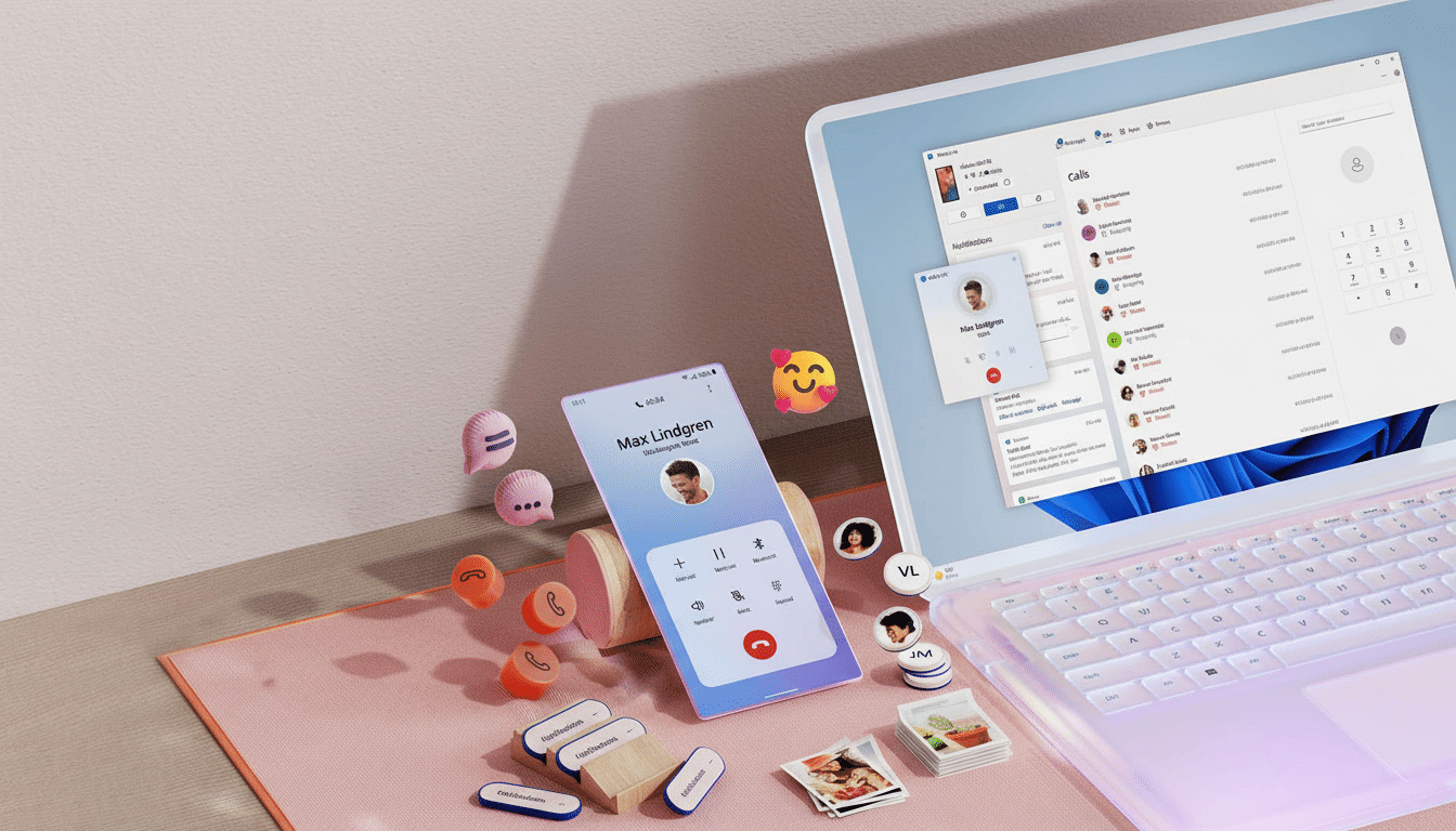 A professional overhead shot of a laptop displaying a communication app, a smartphone showing an incoming call, and various communication -related ico