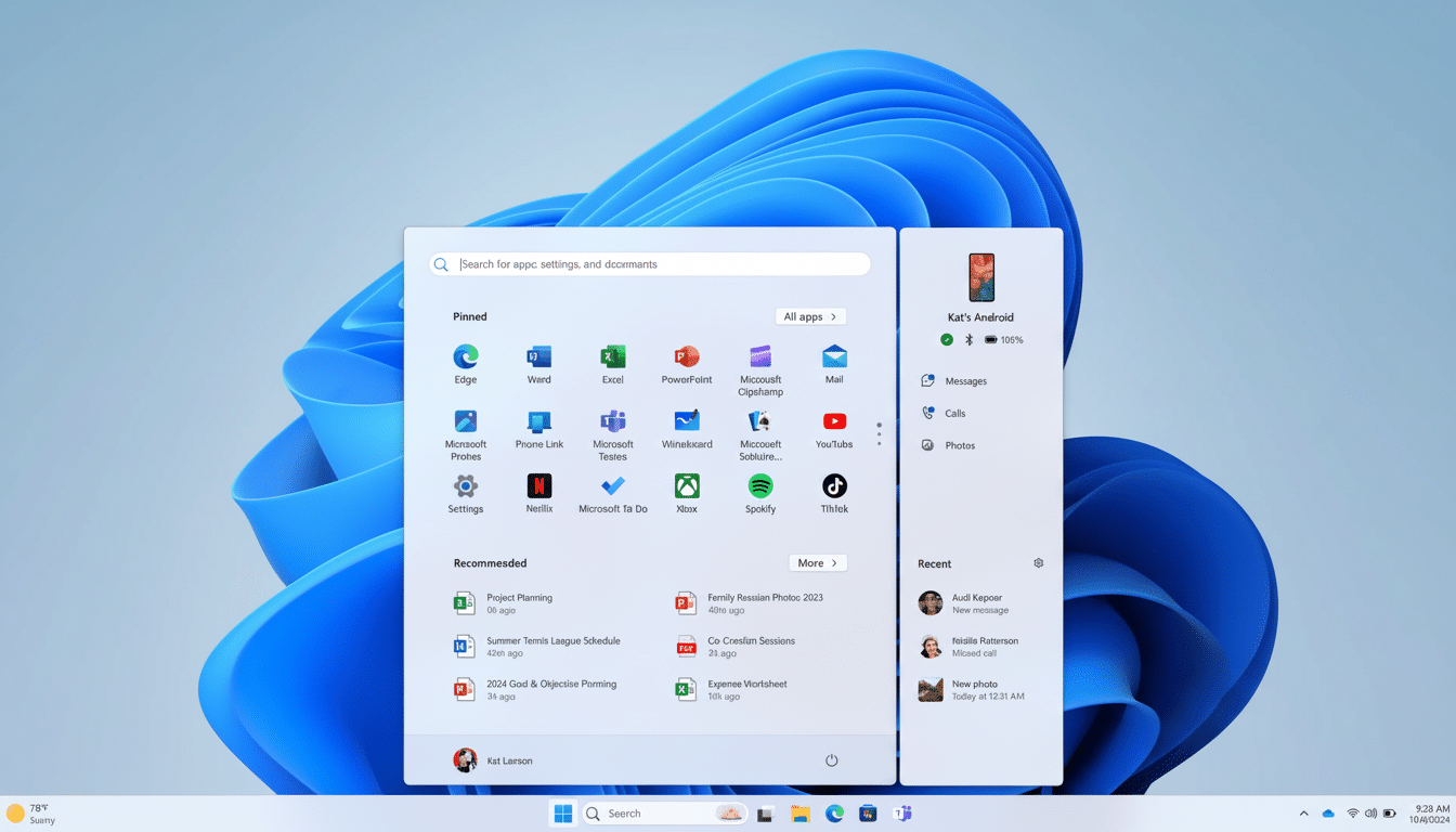 A screenshot of the Windows 11 desktop, displaying the Start menu open with pinned applications and recommended documents, alongside a widget showing
