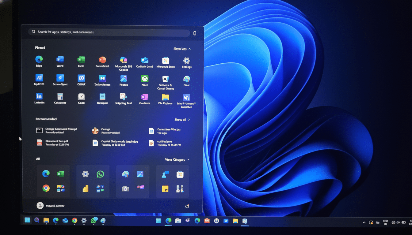 A professional screenshot of a Windows 11 desktop with the Start menu open, displaying pinned applications and recommended files.