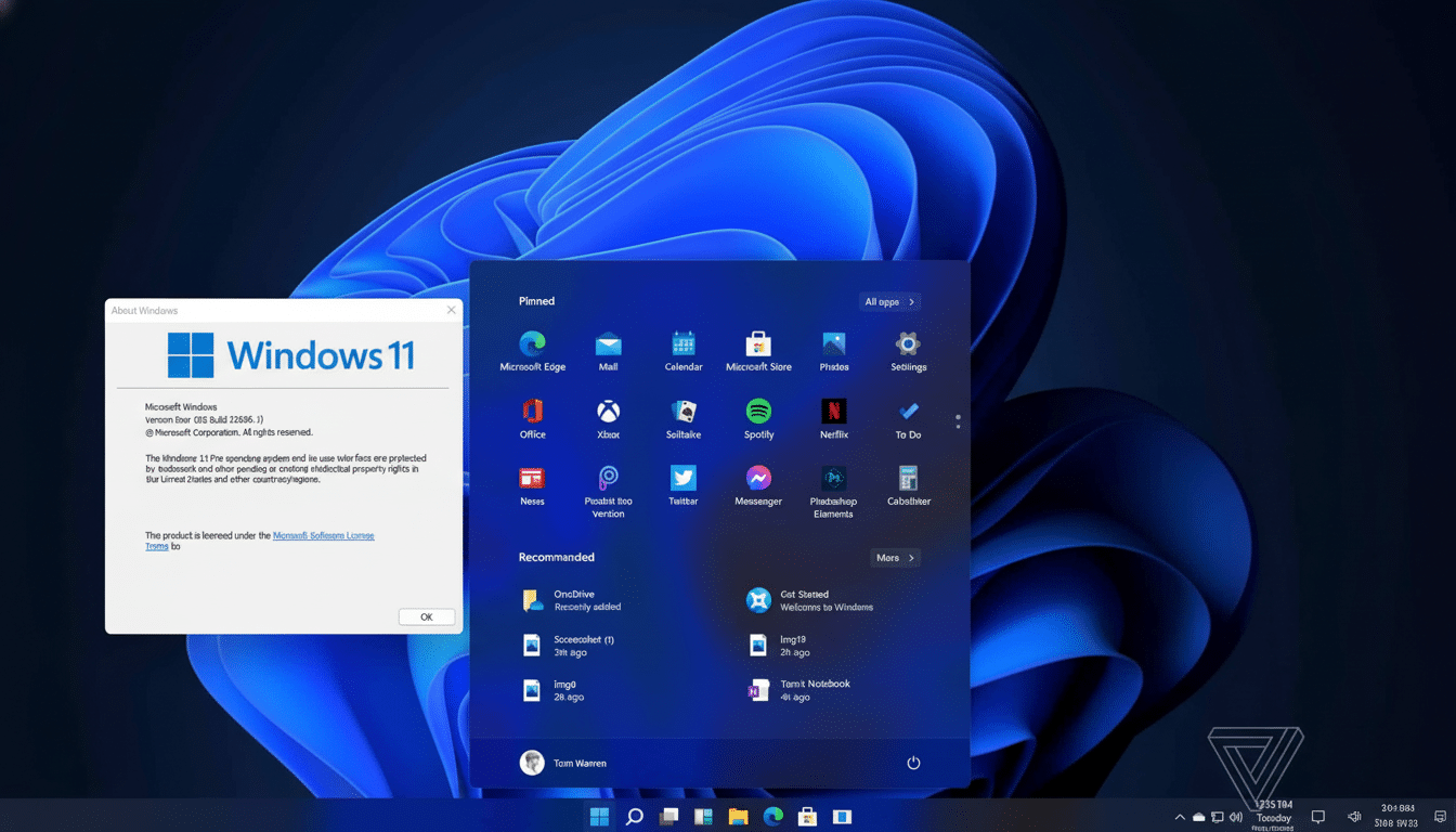 Screenshot of Windows 11 desktop with the About Windows dialog box open, showing the version Dev ( OS Build 21 996. 1). The background features a dark blue abstract wallpaper. The start menu is also open, displaying pinned apps and recommended documents .