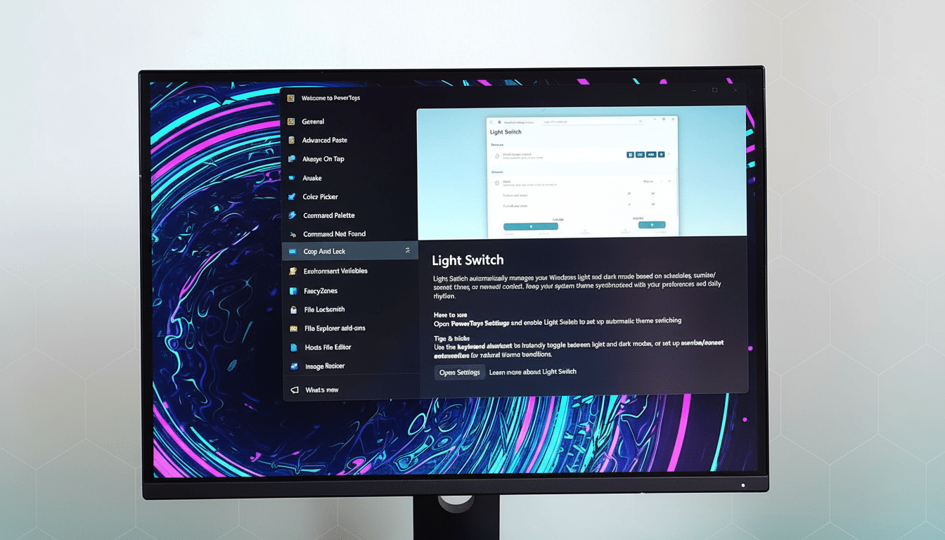 A monitor displaying the PowerToys Light Switch feature with a professional flat design background.