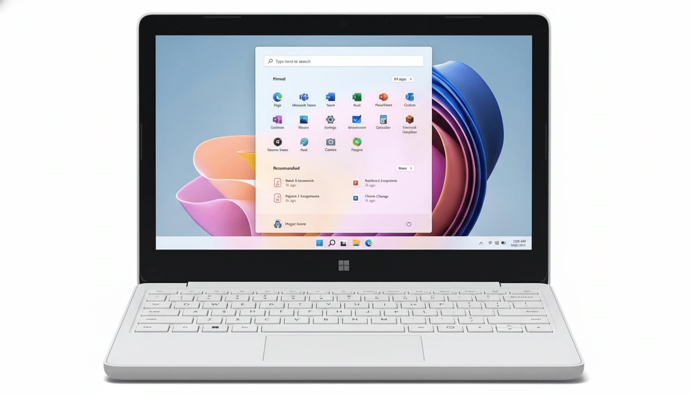 A white laptop displaying the Windows 1 1 desktop with a focused view on the start menu. Filename : windows 11 laptopdisplay .png
