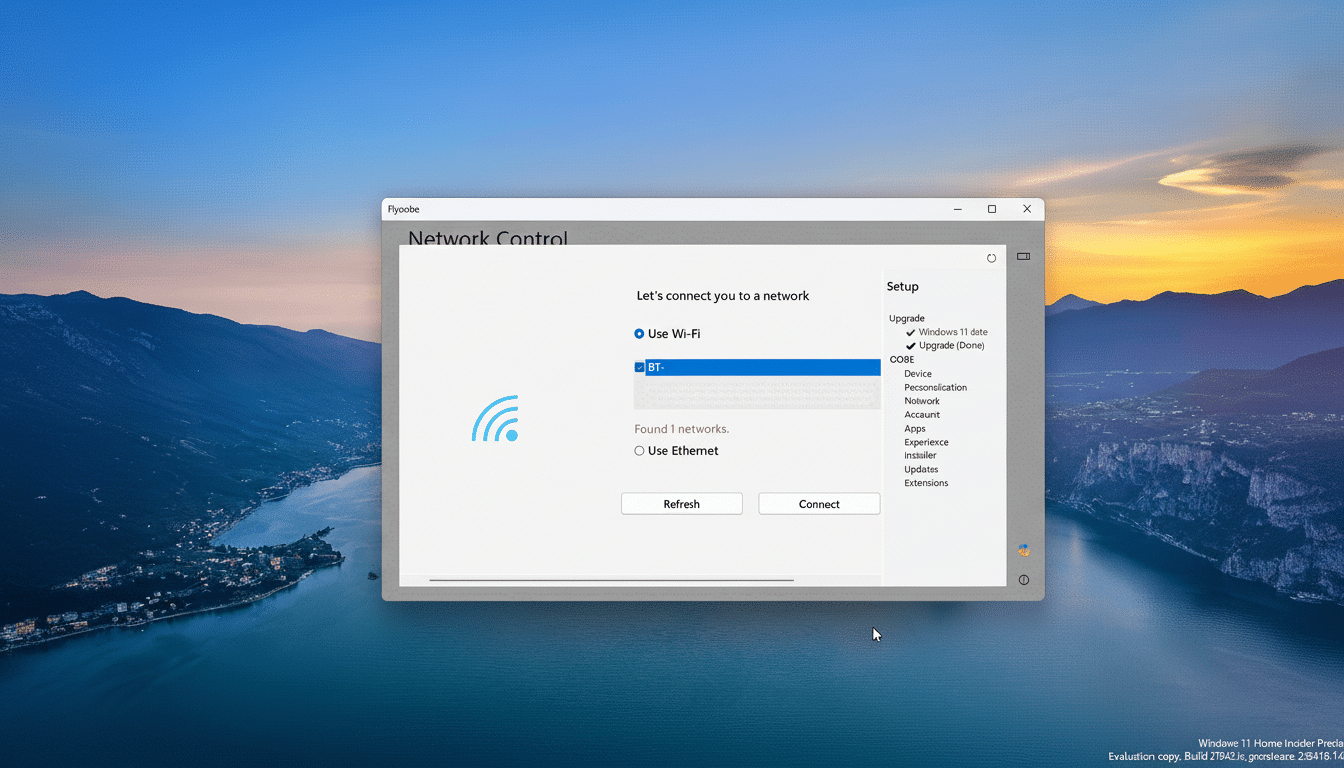 Screenshot of the Network Control window in Windows 11, showing options to connect to a network using Wi-Fi or Ethernet. The Wi -Fi option BT- is sele