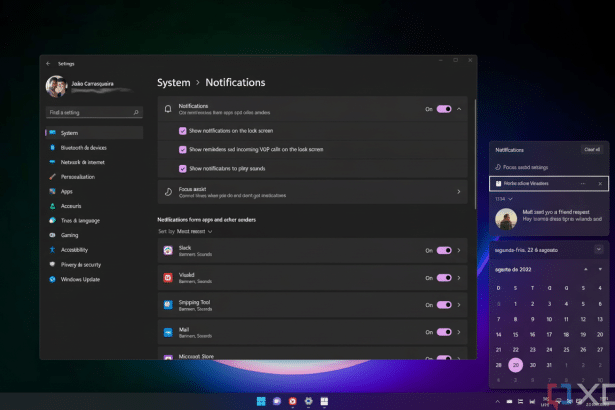 A screenshot of Windows 11 settings, specifically the System > Notifications section, showing various notification options and a sidebar with calendar