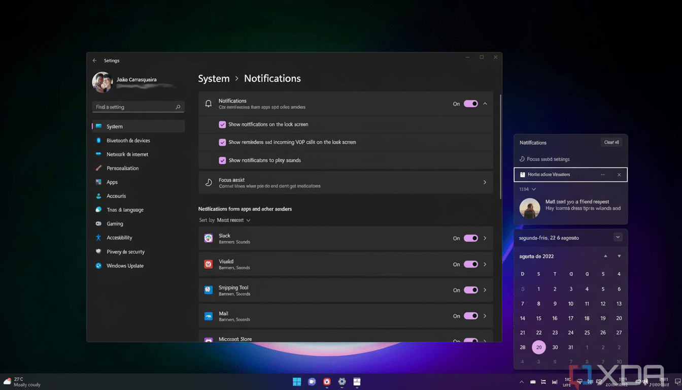 A screenshot of Windows 11 settings, specifically the System > Notifications section, showing various notification options and a sidebar with calendar