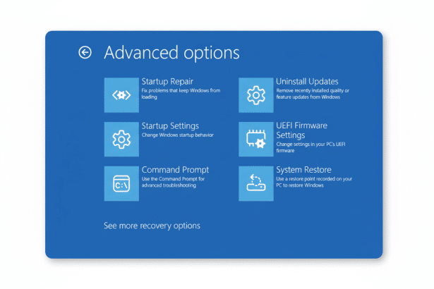 Screenshot of the Windows Advanced Options menu showing choices like Startup Repair, Uninstall Updates, Startup Settings, UEFI Firmware Settings, Command Prompt , and System Restore , presented on a white background with a subtle shadow effect .